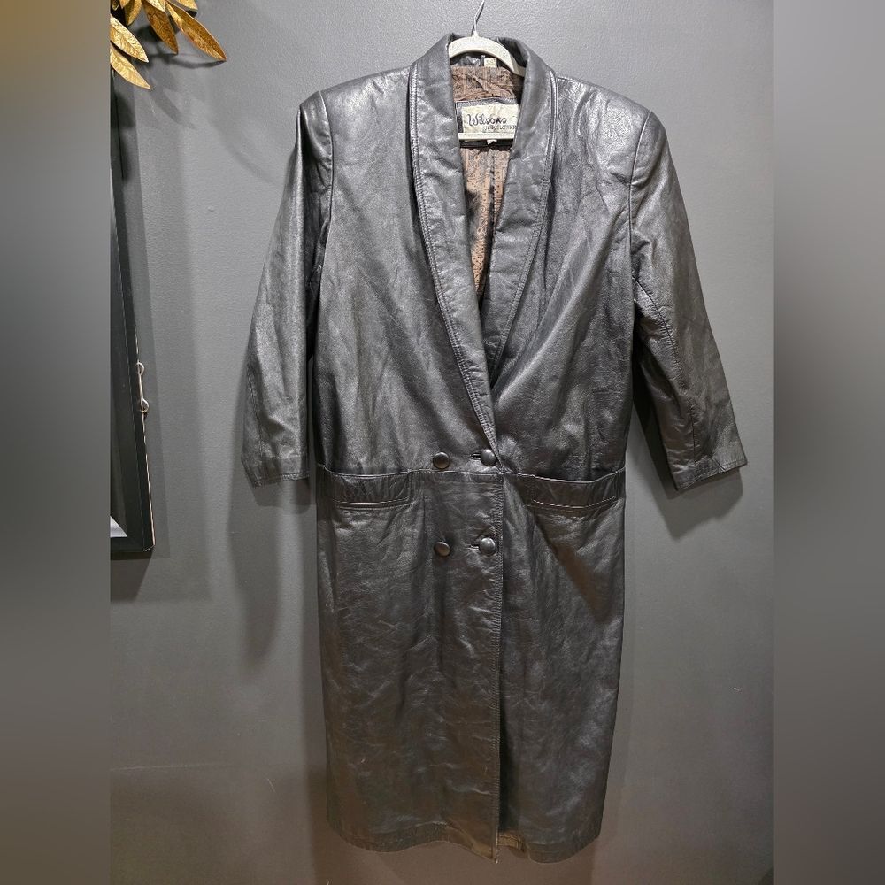 Vtg Oversized Double Breast Leather Black Trench Coat Double Button Sz M Unisex